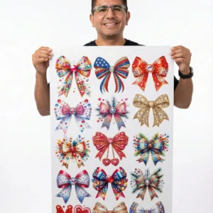 Person holding large DTF gang sheet with colorful bow and mama designs for size reference