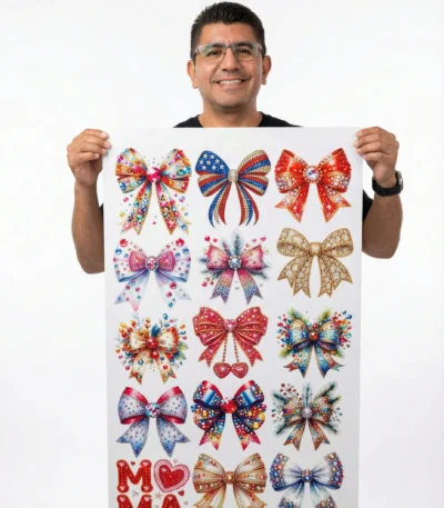 Person holding large DTF gang sheet with colorful bow and mama designs for size reference