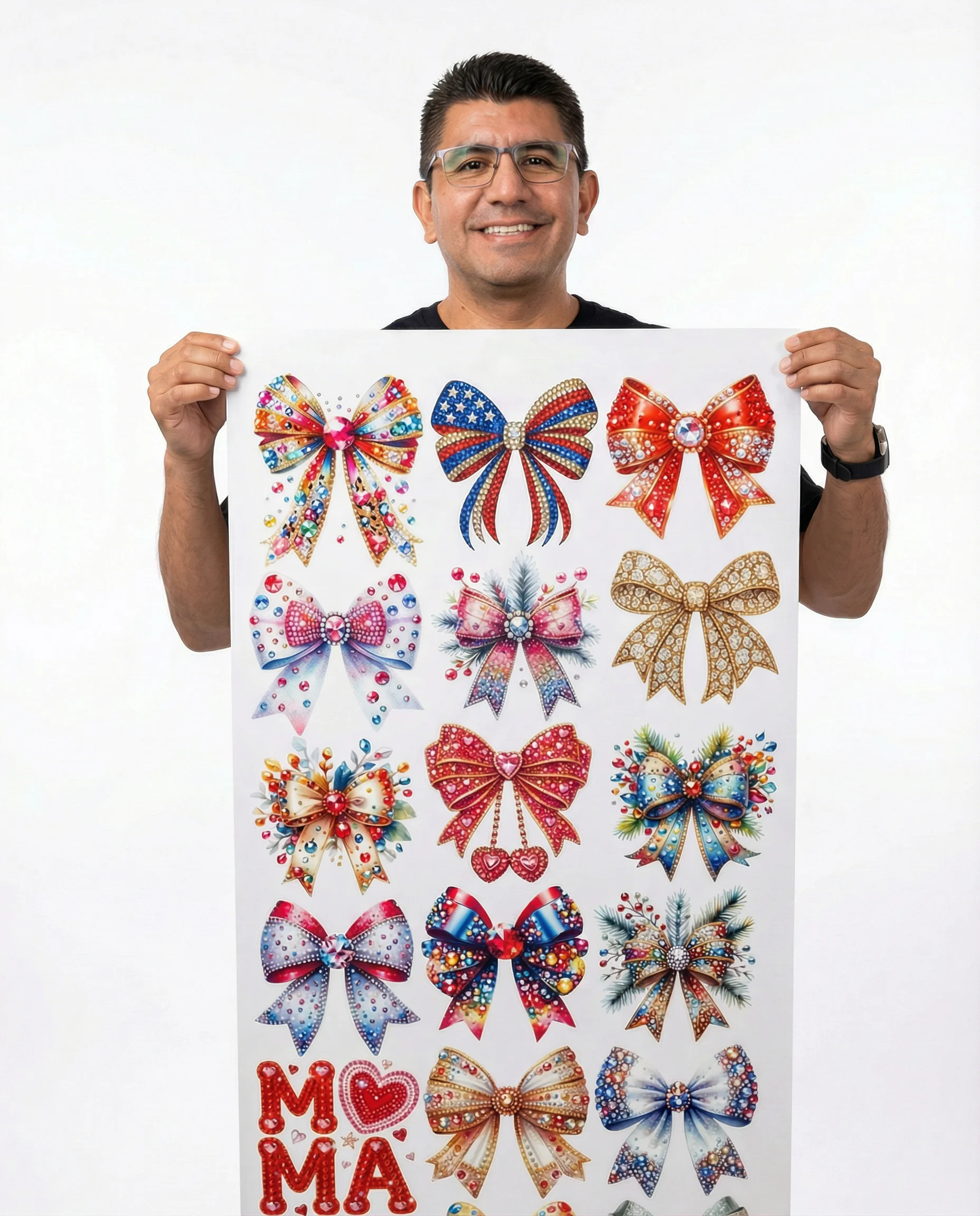 Dtf-Gang-Sheet-Bow-Designs-Held-By-Person.png Person holding large DTF gang sheet with colorful bow and mama designs for size reference