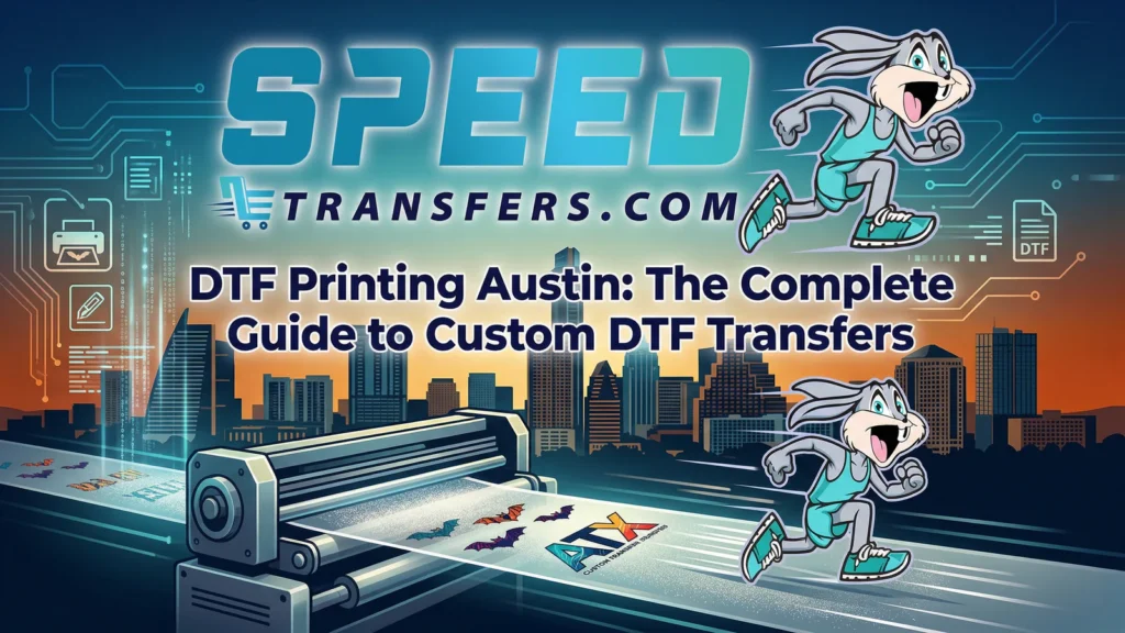 DTF printing Austin custom transfer printer with city skyline background and vibrant direct to film designs