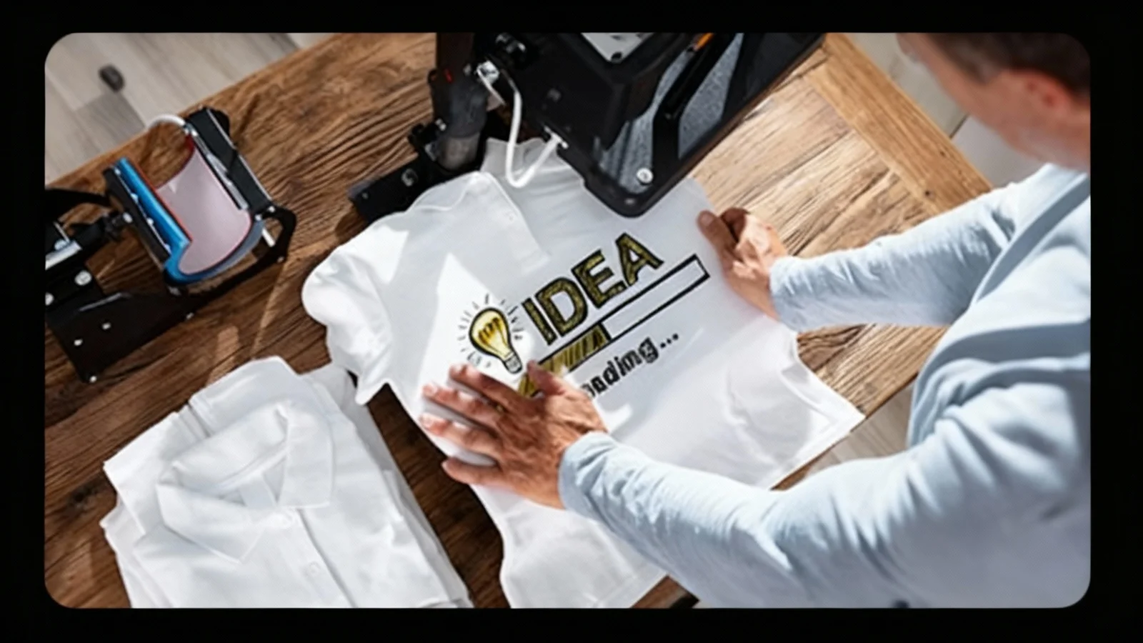 Custom DTF Transfers Online being heat pressed onto a white t-shirt using a professional heat press machine