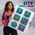 Neon DTF Transfers vibrant CMYK design on film sheet with bright neon colors