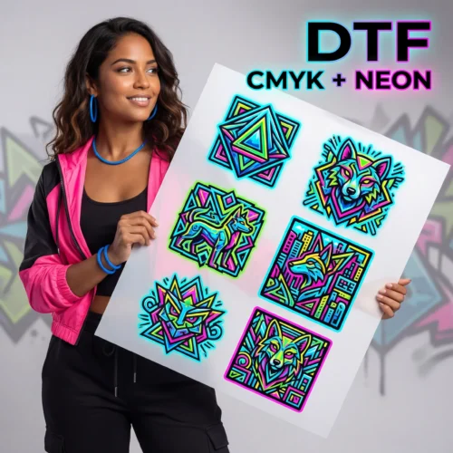 Neon DTF Transfers vibrant CMYK design on film sheet with bright neon colors