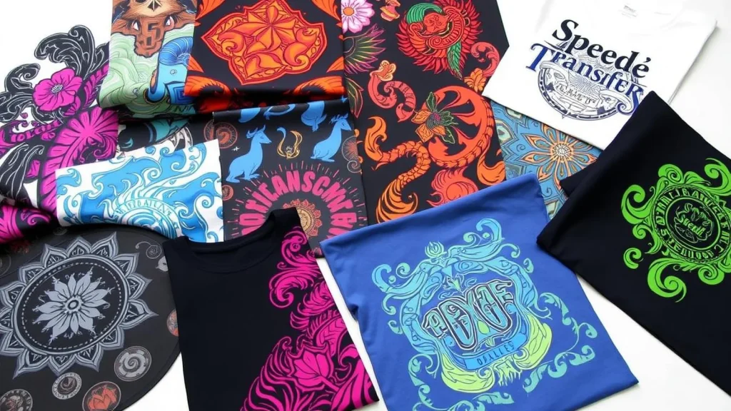 Colorful custom t-shirt prints showcasing professional apparel design with intricate graphics, patterns, and vibrant transfer prints on multiple garments