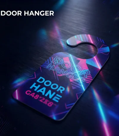 Close-up elevated view of a dark blue door hanger with a vibrant geometric design featuring glowing neon pink, purple, and blue lines and triangular shapes in a synthwave/cyberpunk aesthetic. The hanger displays text including 'DOOR HAN' in bright blue and pink. White text 'DOOR HANGER' appears at the top left. The dark textured background has subtle abstract glowing lines and iridescent light reflections in matching colors. The overall design has a modern, tech-forward appearance with neon lighting effects.