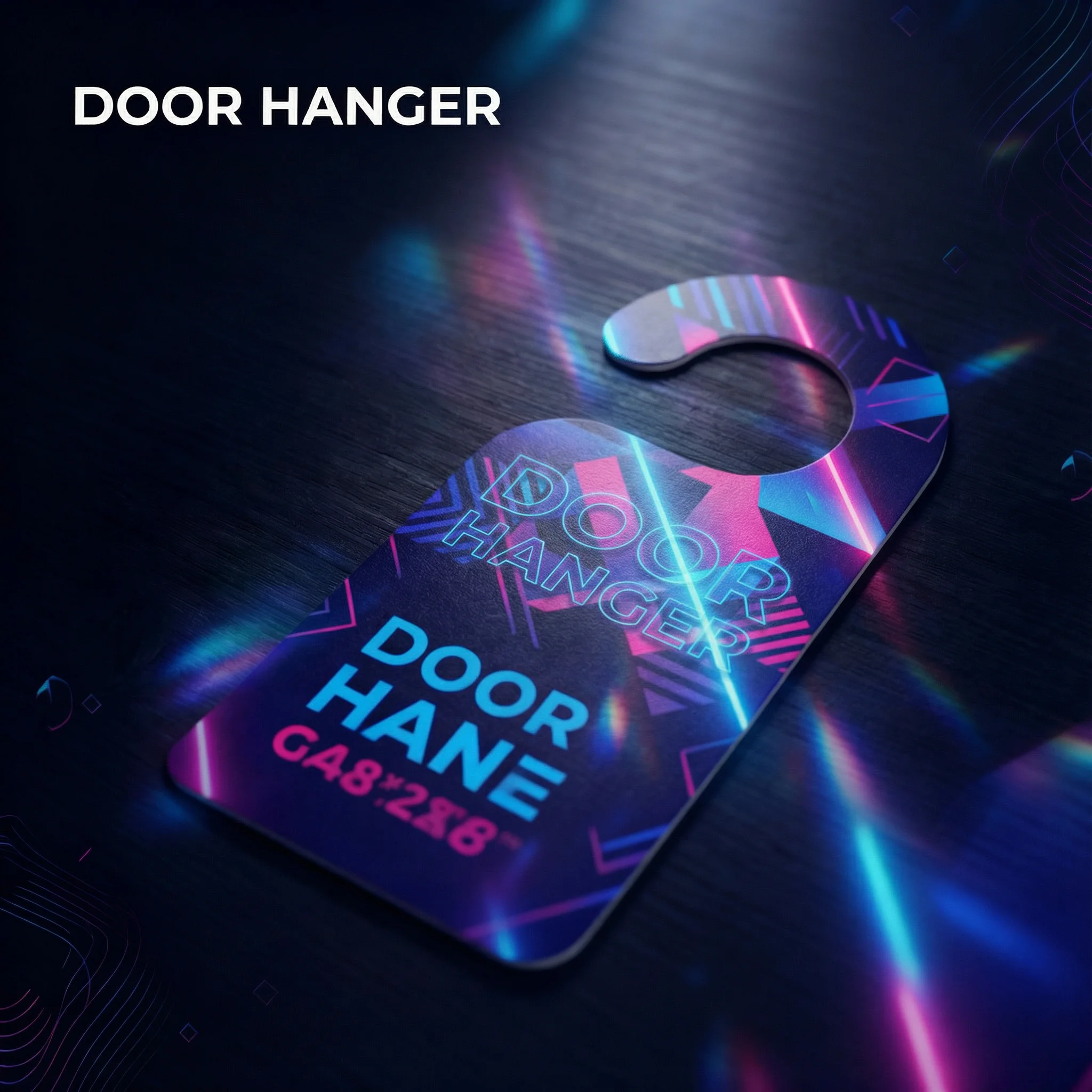 Close-up elevated view of a dark blue door hanger with a vibrant geometric design featuring glowing neon pink, purple, and blue lines and triangular shapes in a synthwave/cyberpunk aesthetic. The hanger displays text including 'DOOR HAN' in bright blue and pink. White text 'DOOR HANGER' appears at the top left. The dark textured background has subtle abstract glowing lines and iridescent light reflections in matching colors. The overall design has a modern, tech-forward appearance with neon lighting effects.