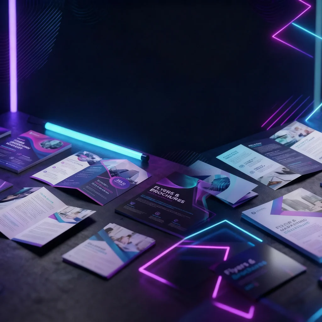 Dark futuristic display showcasing 15-20 different flyer and brochure designs scattered across a textured surface. The designs feature modern aesthetics with abstract patterns, geometric shapes, and gradient colors in blues, purples, and pinks. Text includes 'Flyers & Brochures' at the top in white. Designs are presented in various states: flat, open as bi-folds or tri-folds, and partially stacked. Some include placeholder images and text like 'Your Brand, Your Story' and 'The Power of Modern Brochures.' Vibrant neon blue and pink/purple lights illuminate the scene.