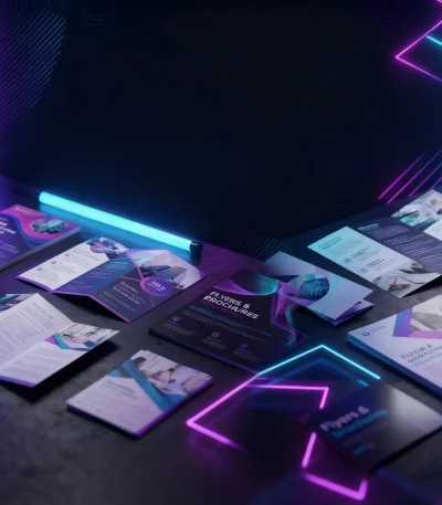 Dark futuristic display showcasing 15-20 different flyer and brochure designs scattered across a textured surface. The designs feature modern aesthetics with abstract patterns, geometric shapes, and gradient colors in blues, purples, and pinks. Text includes 'Flyers & Brochures' at the top in white. Designs are presented in various states: flat, open as bi-folds or tri-folds, and partially stacked. Some include placeholder images and text like 'Your Brand, Your Story' and 'The Power of Modern Brochures.' Vibrant neon blue and pink/purple lights illuminate the scene.