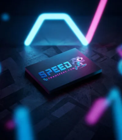 A high-quality, professional product image of a square business card with premium finish, featuring a stack of black business cards with vibrant pink and purple colored edges positioned at an angle in the foreground and sharply in focus. The business card displays a glossy, gradient logo that reads "SPEED TRANSFERS.COM" with "SPEED" in a larger, metallic-like blue and purple gradient, and "TRANSFERS.COM" below it in a smaller, shimmering pink and purple gradient. A running, distressed cartoon rabbit or bunny character, outlined in blue and pink neon, is integrated into the logo on the right side of the card. The card's surface is matte black, providing a high contrast to the glossy logo and creating a sophisticated, premium appearance.