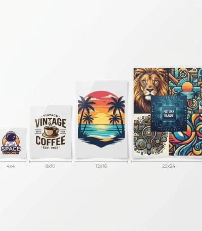 DTF Transfers by Size comparison showing 4x4, 8x10, 12x16, and 22x24 print dimensions