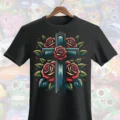 Cross with roses DTF transfer design for custom apparel printing