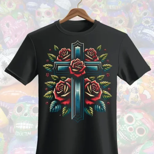 Cross with roses DTF transfer design for custom apparel printing