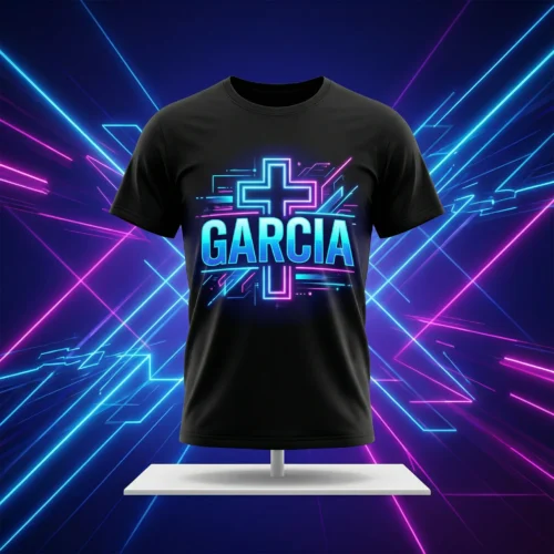 Black Garcia t shirt with neon cross graphic design printed on Comfort Colors 1717 garment dyed tee