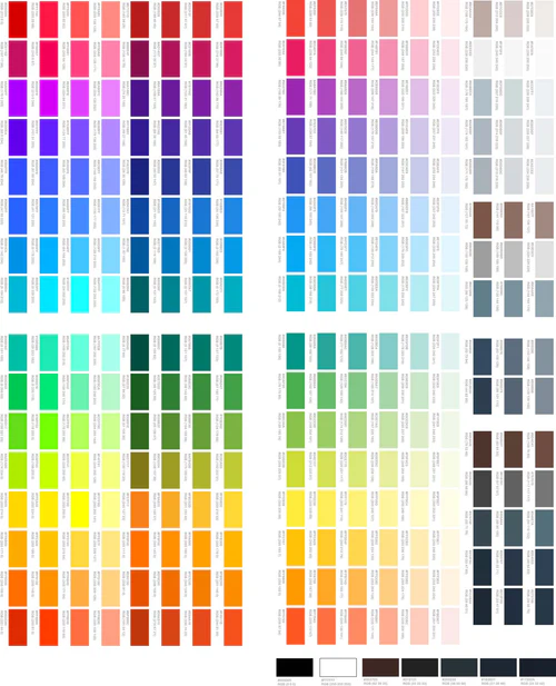 Color matching guide for DTF printing, featuring 1080 color swatches in a grid layout, designed for accurate color reproduction on black shirts.