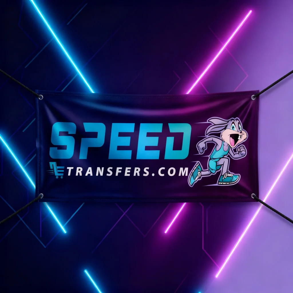 A high-quality DTF Transfer Banner product image featuring a vibrant, eye-catching banner with a deep purple base. The banner displays bold, dynamic text reading "SPEED" in large, bold letters with a striking blue-to-teal gradient and white outline, accompanied by motion blur effects that convey speed and energy. Below "SPEED," the text "TRANSFERS.COM" appears in white with motion blur, and a stylized shopping cart icon replaces the 'T' in "TRANSFERS." To the right of the text, a cartoon rabbit character similar to Bugs Bunny is depicted running with an open mouth, wearing a teal tank top and sneakers, outlined in white with motion blur effects. The printing is sharp, vibrant, and professionally executed with clear details.