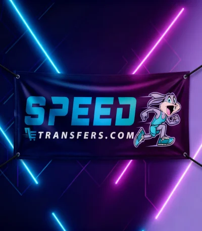A high-quality DTF Transfer Banner product image featuring a vibrant, eye-catching banner with a deep purple base. The banner displays bold, dynamic text reading "SPEED" in large, bold letters with a striking blue-to-teal gradient and white outline, accompanied by motion blur effects that convey speed and energy. Below "SPEED," the text "TRANSFERS.COM" appears in white with motion blur, and a stylized shopping cart icon replaces the 'T' in "TRANSFERS." To the right of the text, a cartoon rabbit character similar to Bugs Bunny is depicted running with an open mouth, wearing a teal tank top and sneakers, outlined in white with motion blur effects. The printing is sharp, vibrant, and professionally executed with clear details.