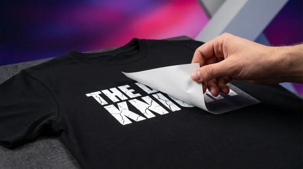 DTF printing services for apparel showing a peel test on a black t-shirt with durable, crack-resistant design transfer
