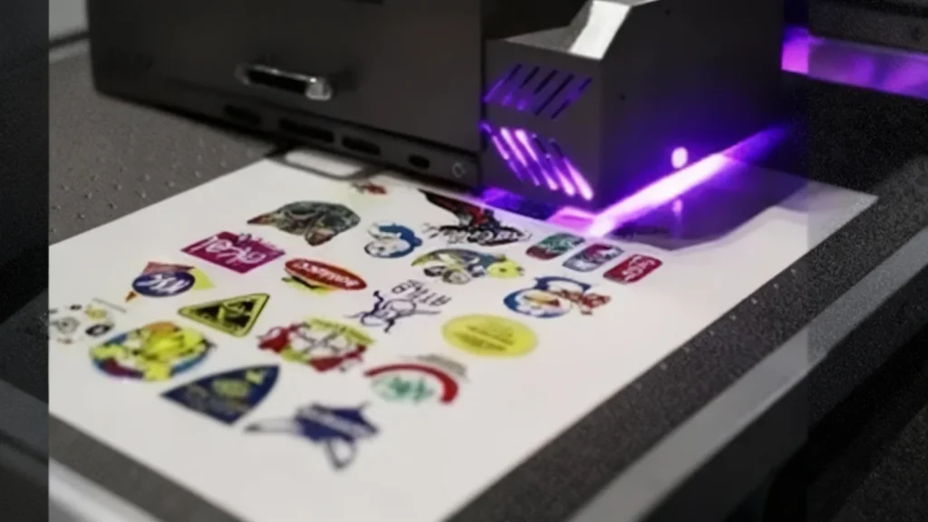 DTF Printing machine curing colorful transfer designs on film with UV light for vibrant, long-lasting custom prints