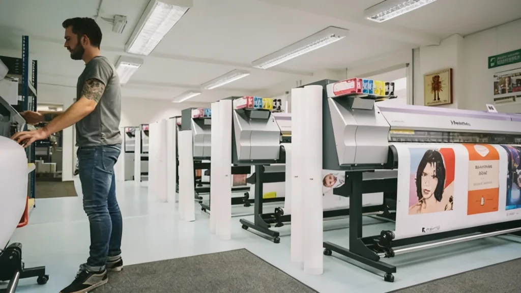 uv dtf print production using large-format printers for high-quality custom transfers in a professional printing workspace