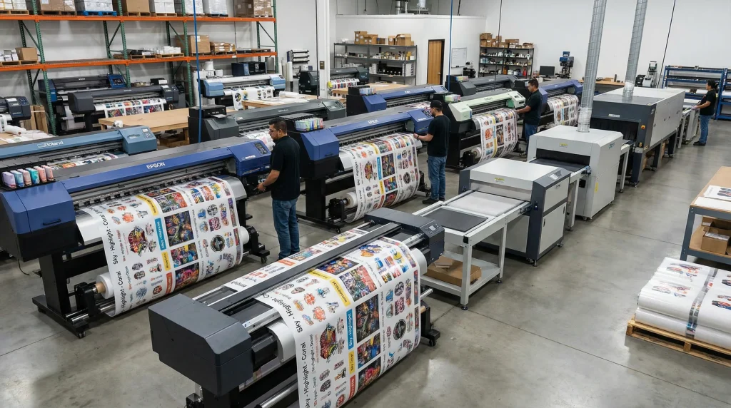 Bulk DTF Transfers in Texas being produced on large-format Epson and Roland printers in a high-volume professional print facility.