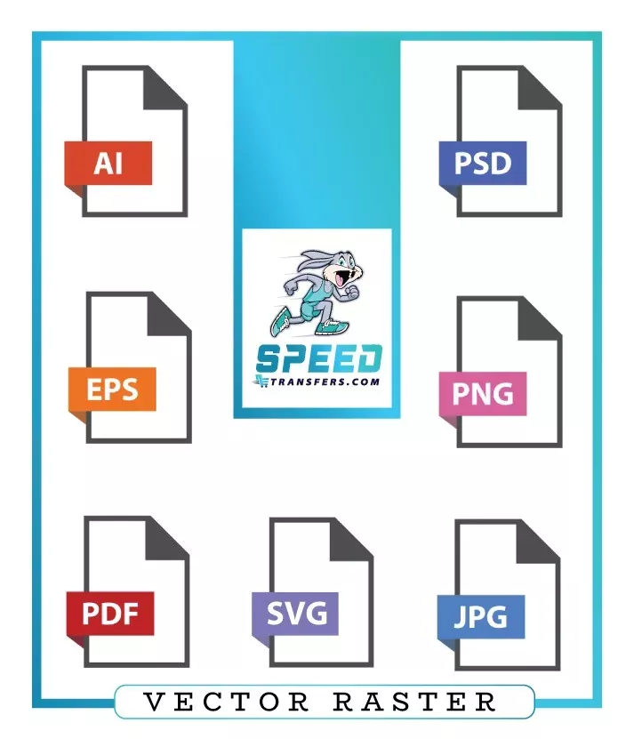 Artwork file types for DTF printing, including vector formats like AI, EPS, and SVG, alongside raster formats such as PNG, JPG, and PSD, with SpeedE Transfers logo and mascot illustration.