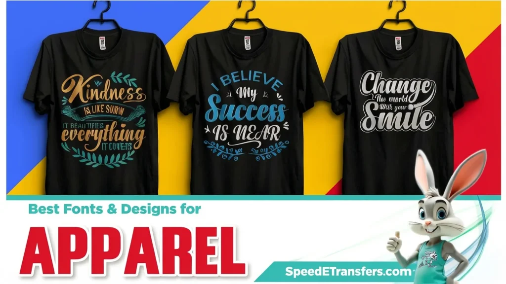 Fonts and design for apparel printing showcased on custom t-shirts with bold typography and creative layouts