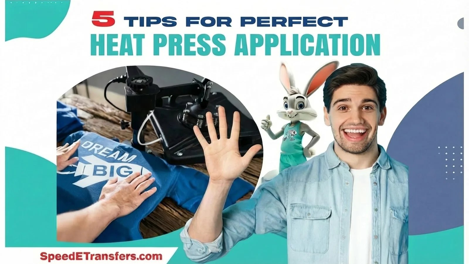 Tips for Perfect Heat Press application showing a heat press machine transferring a design onto a t-shirt for professional results