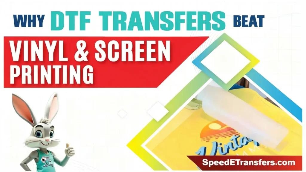DTF transfers vs vinyl comparison showing why DTF transfers outperform vinyl and screen printing for custom apparel