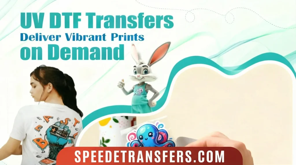 UV DTF transfers for businesses showing vibrant custom prints applied to apparel, drinkware, and product decals with high-detail, durable finishes