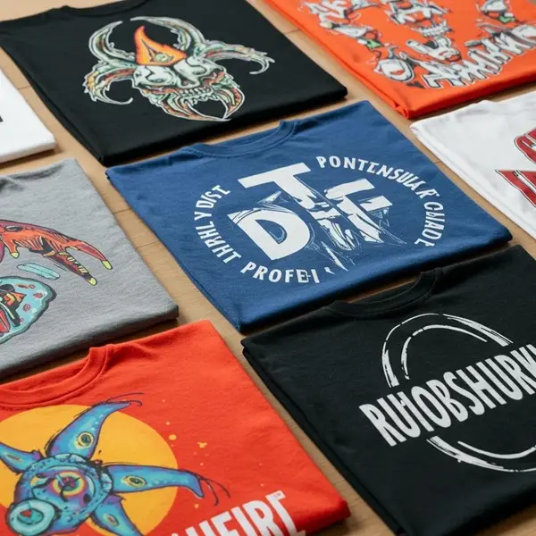 Custom t-shirt designs printed using a professional DTF transfer service, featuring vibrant colors and detailed graphics on folded shirts ready for production