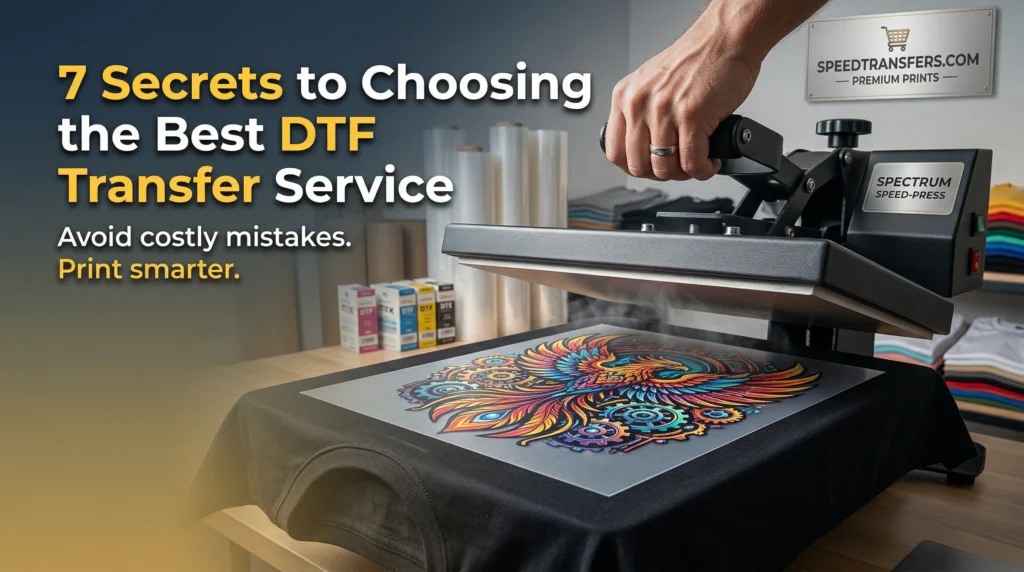 DTF transfer service heat press applying vibrant custom design on black t-shirt in professional print shop