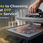 DTF transfer service heat press applying vibrant custom design on black t-shirt in professional print shop