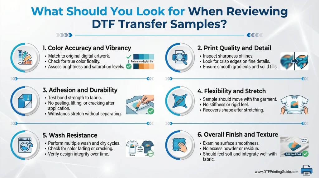 Infographic explaining what to look for when reviewing DTF transfer samples, highlighting color accuracy, print quality, adhesion, flexibility, wash resistance, and finish for a professional DTF Transfer Service.