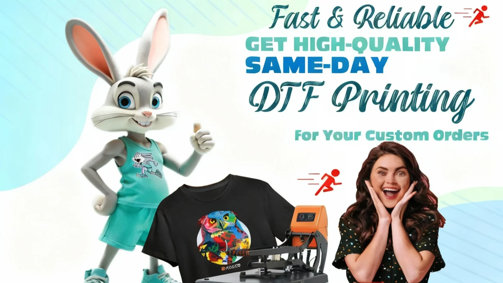 Fast DTF printing service showcasing same-day custom DTF printing with heat press machine, vibrant printed t-shirt, and reliable production for custom orders