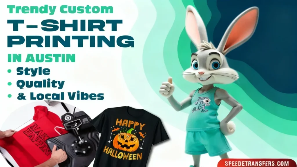 Custom T-shirt printing in Austin showcasing trendy designs, heat press printing process, Halloween graphic tees, and local style quality
