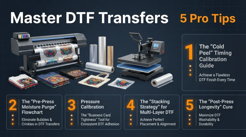 DTF Transfer Tips showing heat press setup, DTF printer, film rolls, and step-by-step process for achieving flawless DTF transfers