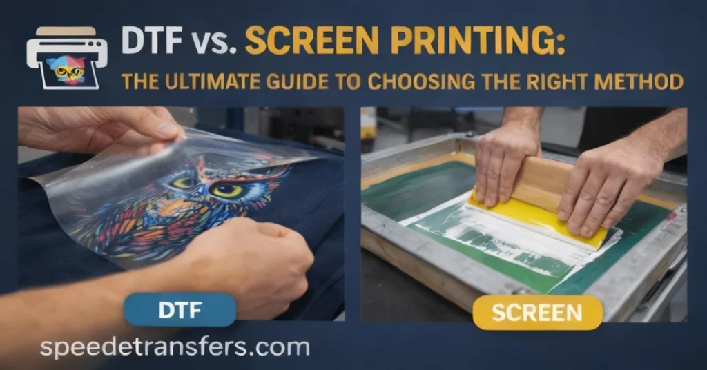 DTF vs. Screen Printing comparison showing direct-to-film heat transfer and traditional screen printing process on fabric
