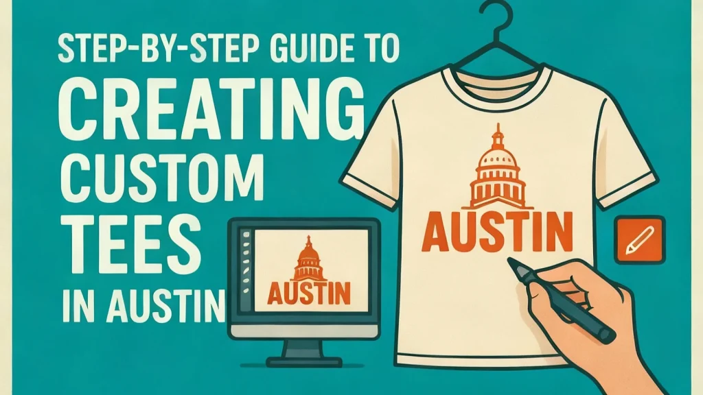 Step-by-Step Guide to Creating Custom Tees showing a custom Austin t-shirt design process with a digital mockup and hand-drawn illustration