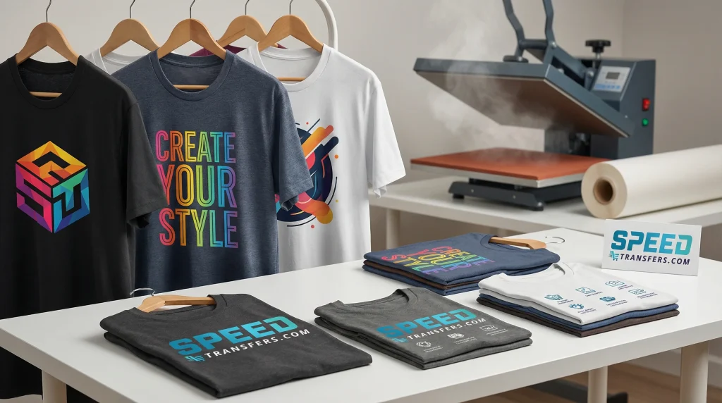Custom t-shirt printing with professionally printed shirts on display, showing high-quality designs and modern print shop setup
