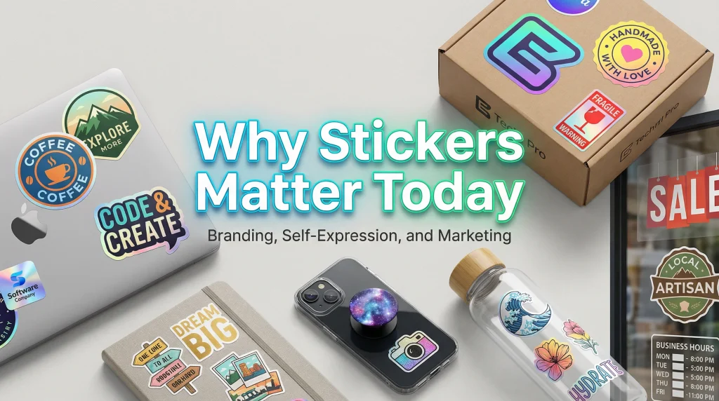 Modern illustration showing custom stickers on laptops, packaging, bottles, and notebooks, highlighting why stickers matter today for branding and self-expression
