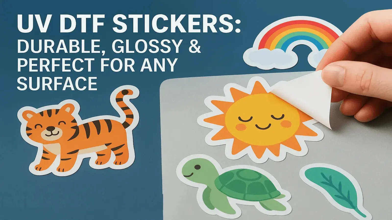 UV DTF stickers with glossy finish showing cute cartoon designs including a tiger, sun, turtle, leaf, and rainbow being applied to a smooth surface