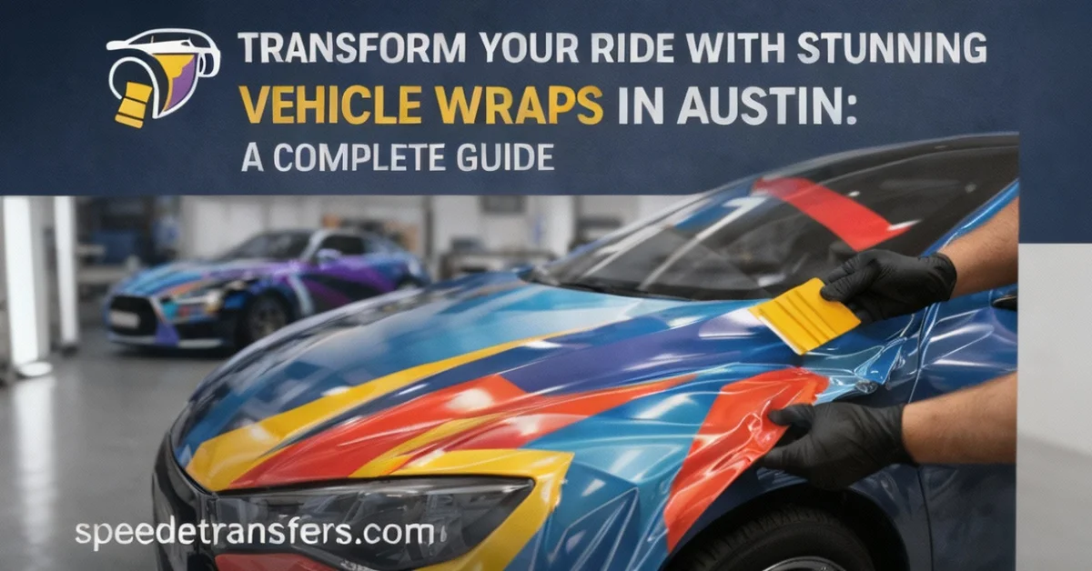 Professional vehicle wrap installation in Austin, Texas. A close-up of gloved hands applying vibrant geometric vinyl wrap with blue, orange, and yellow patterns to a blue car's front fender and hood. The wrap features dynamic, eye-catching designs. In the background, a purple, blue, and green multi-colored wrapped car is visible in a professional garage setting. The image includes the logo 'TRANSFORM YOUR RIDE WITH STUNNING VEHICLE WRAPS IN AUSTIN: A COMPLETE GUIDE' with 'VEHICLE WRAPS IN AUSTIN' highlighted in yellow. Website: speedetransfers.com