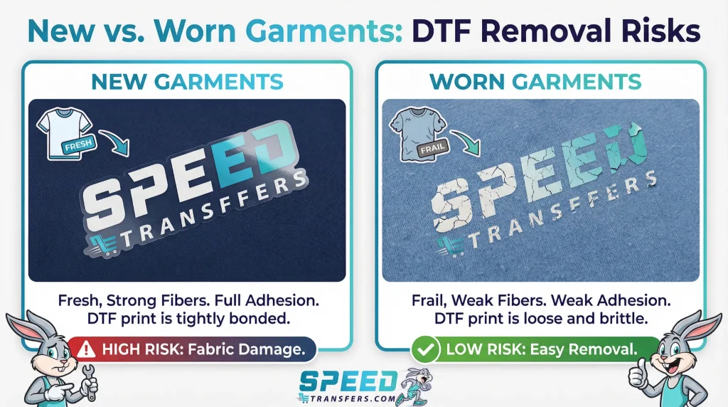 Comparison infographic showing new versus worn garments for DTF removal. Features two fabric swatches side by side with icons indicating risk levels. Explains adhesion strength and fiber fragility. Use brand colors with gradient effects and mascot character