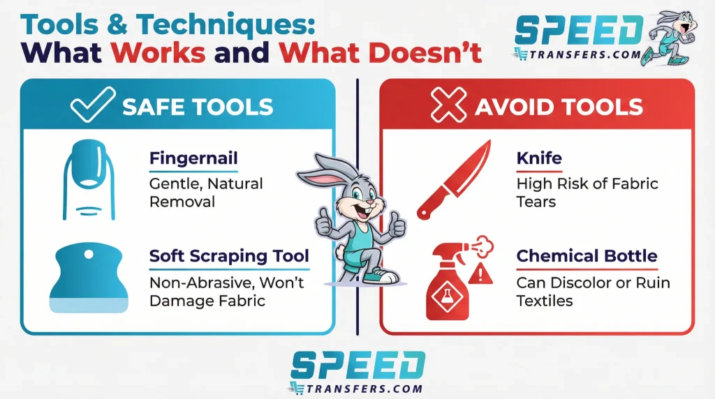 Infographic comparing safe vs unsafe tools for DTF removal. Left column shows safe tools (fingernail, soft scraping tool). Right column shows tools to avoid (knife, chemicals). Use brand colors (blues for safe, red for avoid) with mascot character. Professional icon-based layout.