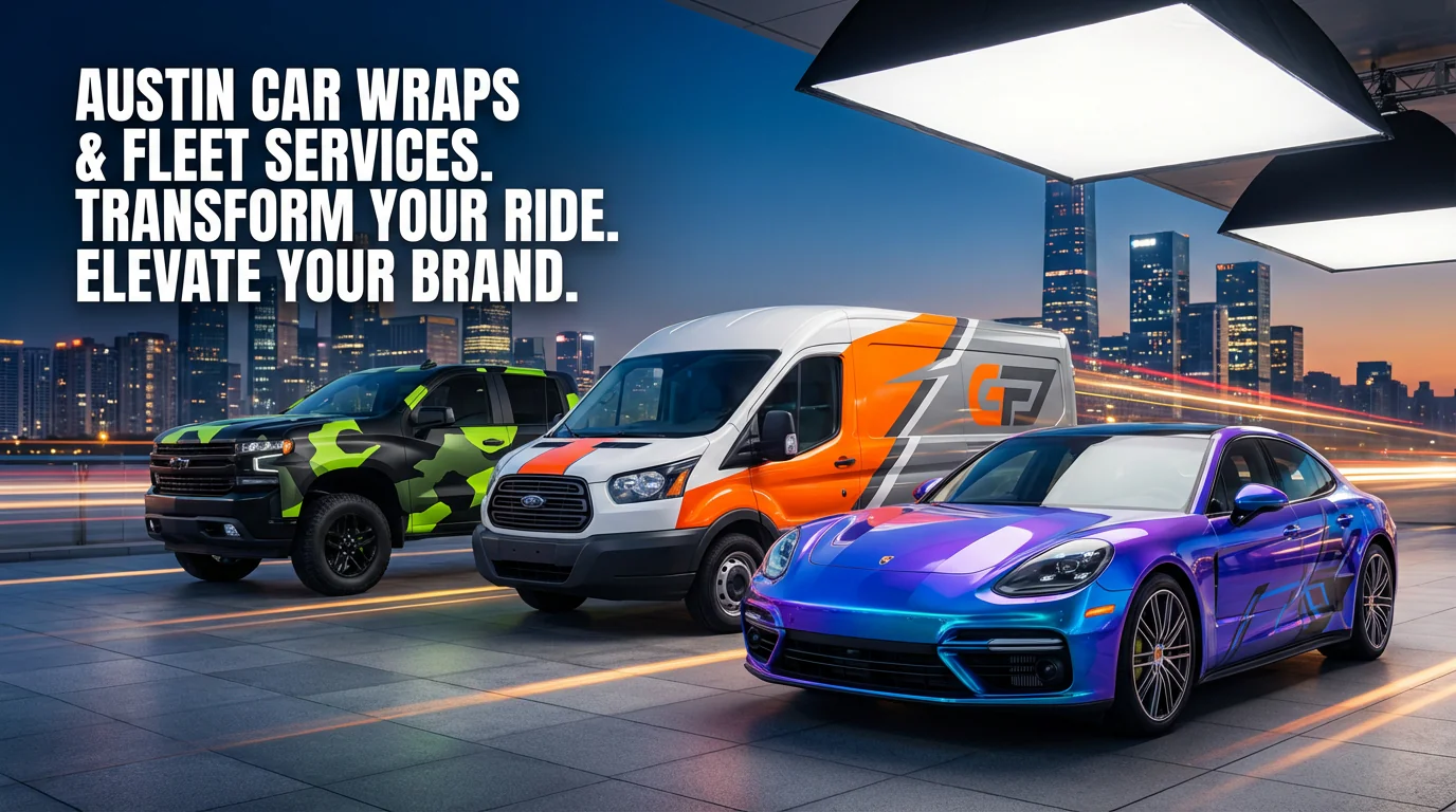 Car Wraps Austin | Vehicle &Amp; Fleet Wrap Experts 1 Professional car wraps Austin services hero image featuring sleek vehicle wraps on luxury car, fleet van, and truck with vibrant custom graphics and dynamic lighting