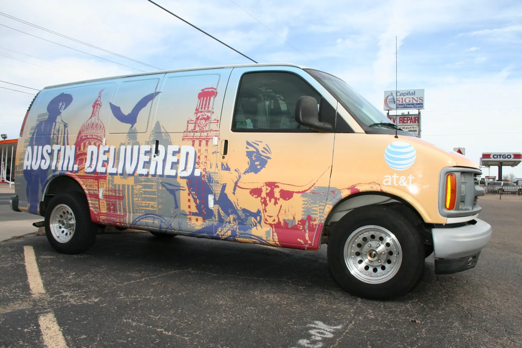 van wraps Austin Delivered commercial van with professionally installed custom business graphics