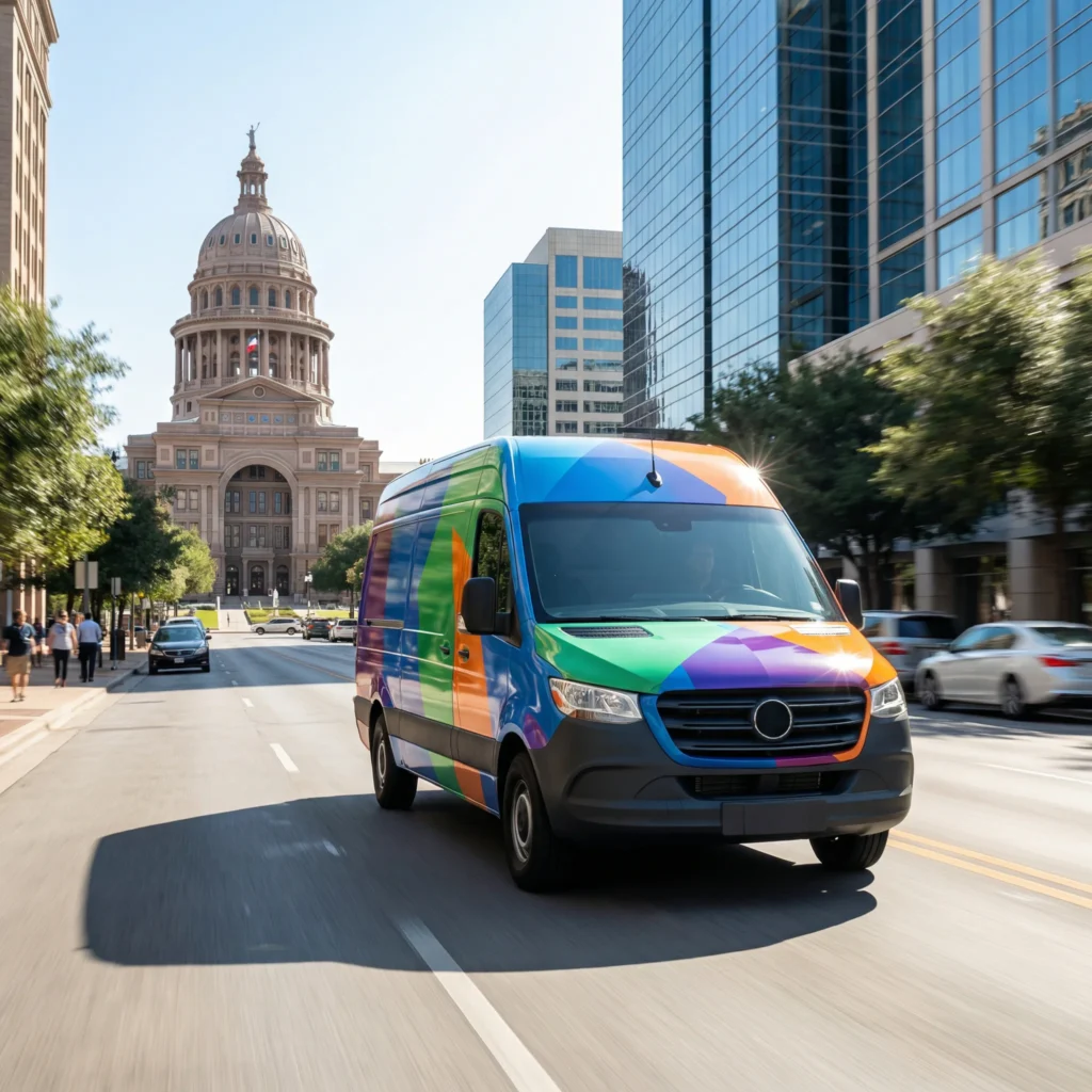 Commercial vehicle wrap for Book People van in Austin Texas showcasing professional fleet branding by SpeedETransfers