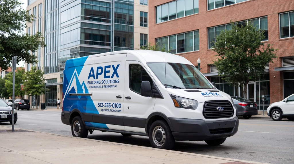 Fleet Wraps Austin 1 Commercial vehicle wraps Austin TX by SpeedETransfers showing custom vehicle wraps Austin installed on Apex Building Solutions fleet van for professional business branding.