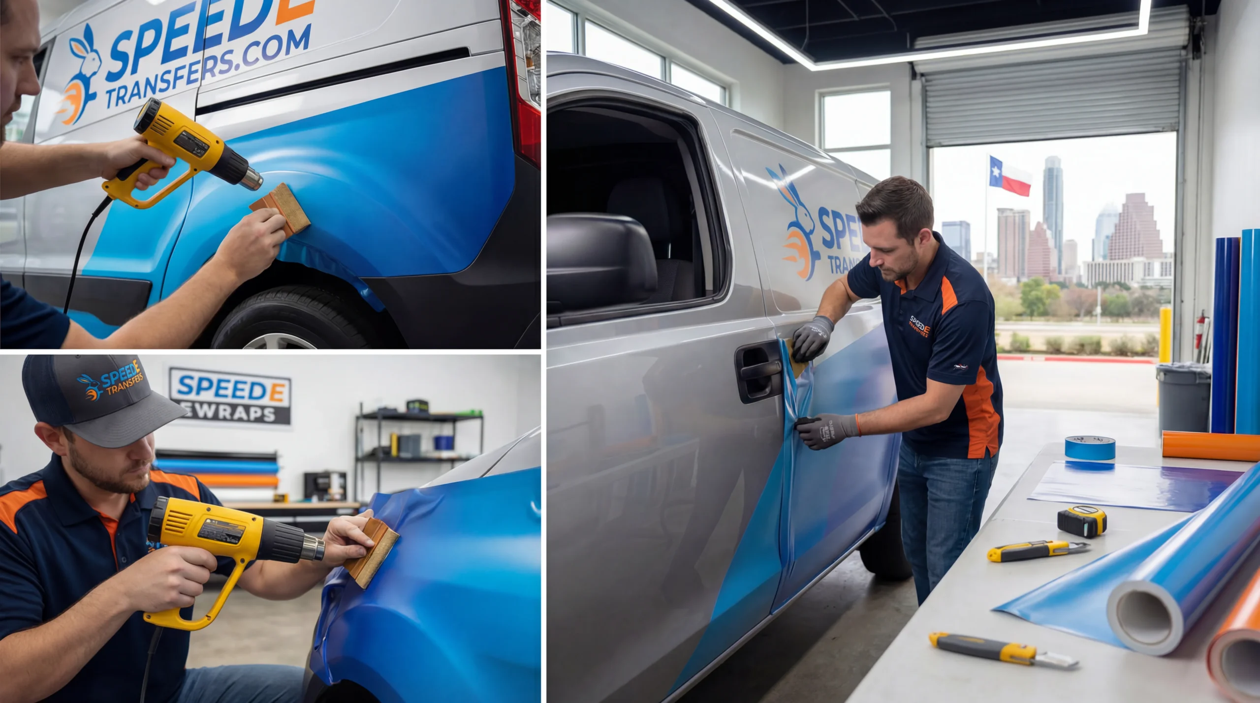 Commercial vehicle wrap installation process showing SpeedETransfers technician applying vinyl wrap to company van in Austin Texas