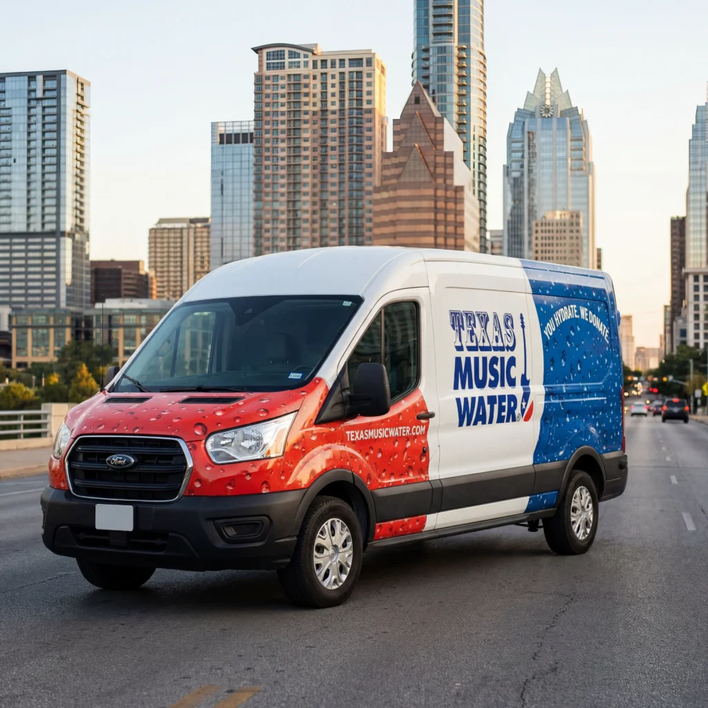 Commercial vehicle wrap Austin TX for Texas Music Water delivery van with custom branded graphics by SpeedETransfers